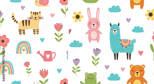 Cute nursery pattern with animals flowers rainbow and playful elements seamless cartoon vector illustration for kids background design