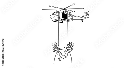 Military helicopter descends two soldiers rappelling with firearms, showcasing aerial deployment and tactical insertion in a clean line art vector style for commercial