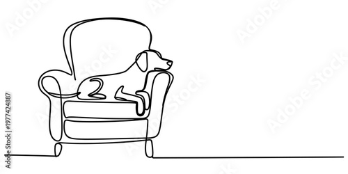 A single continuous line drawing of a peaceful dog resting comfortably on a cozy armchair sofa. Vector, illustration