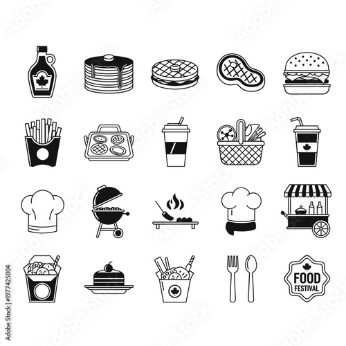 Collection of minimalist black and white food icons featuring maple syrup bottle, stacked pancakes, waffle, steak, burger, french fries, grill, chef hat, food cart, takeout box,