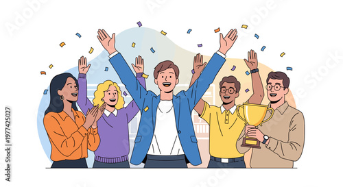 Diverse group of happy people celebrating success with confetti and a golden trophy, representing teamwork, achievement, and victory in a modern, clean vector style with a