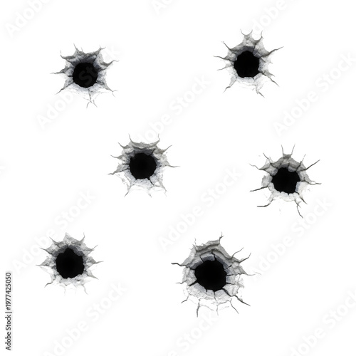 Realistic bullet holes showing surface damage and cracked impact marks, isolated on white or transparent background. PNG format.