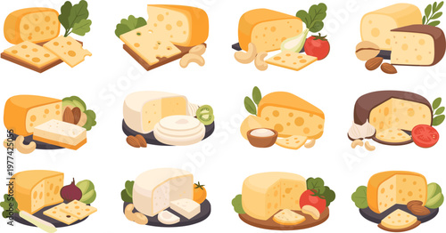 Cheese Platter Set with Various Types Sliced Blocks and Serving Boards Gourmet Dairy Food Collection Cartoon Illustration Isolated on White Background