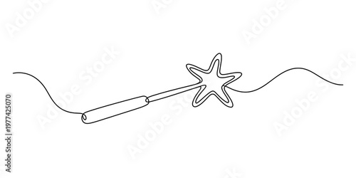 A single continuous line drawing of a magical wand topped with a sparkling star on white background Vector, illustration