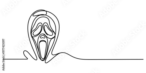 Minimalist single continuous line drawing of the iconic horror movie ghost face mask character art Vector, illustration