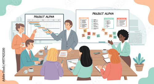 Team meeting discussing project plan gantt chart and task lists on whiteboard with sticky notes, diverse professionals collaborating around a table with laptops and coffee cups,