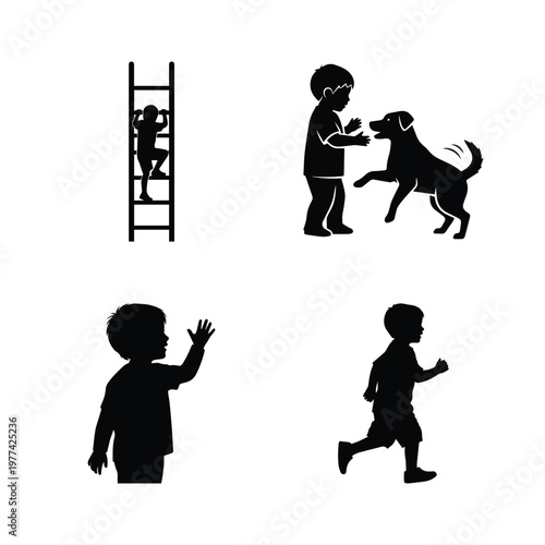 Black silhouettes of kids climbing ladder and playing with dog and waving and running in park vector
