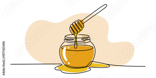 A single continuous line drawing of a honey jar with a wooden dipper dripping sweet golden honey Vector, illustration