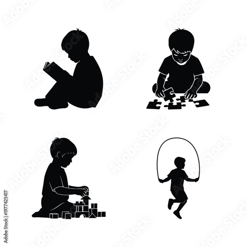 Educational and play silhouettes of child reading book doing puzzle building blocks and skipping rope