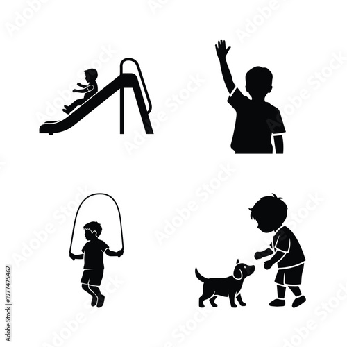 Playground and pet silhouettes of child on slide waving hand jumping rope and petting a small dog