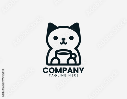 Minimalist cat face with coffee cup in simple black vector logo illustration style on a white background