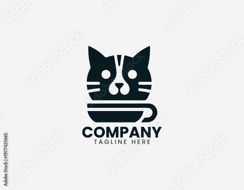 Minimalist cat face with coffee cup in simple black vector logo illustration style on a white background