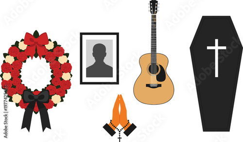 Funeral and Memorial Vector Set with Coffin, Wreath, Candle, Portrait Frame and Guitar for Mourning, Tribute, Ceremony and Remembrance Illustration