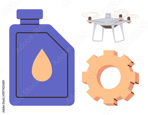 Technology, engineering, machinery, automation, maintenance, quadcopter operations. Illustrated oil bottle, a Quadcopter and a gear. Technology and maintenance concept