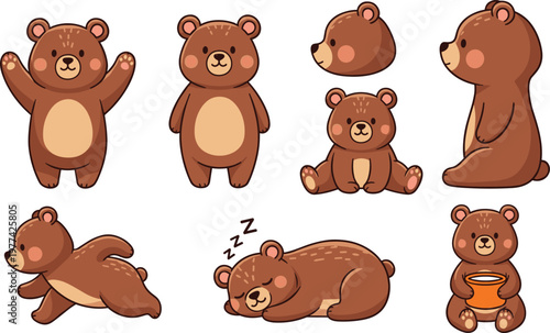 Cute Teddy Bear Cartoon Character Set with Different Poses Including Sitting, Sleeping, Walking and Holding Honey for Kids Illustration and Toy Design