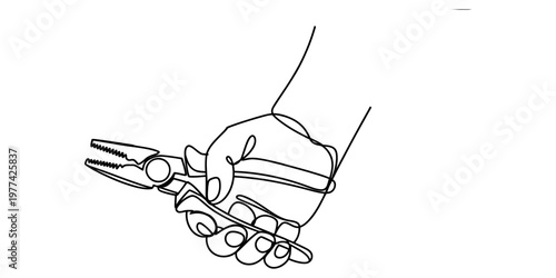 A single continuous line drawing of a human hand firmly holding a pair of metal pliers for work Vector, illustration