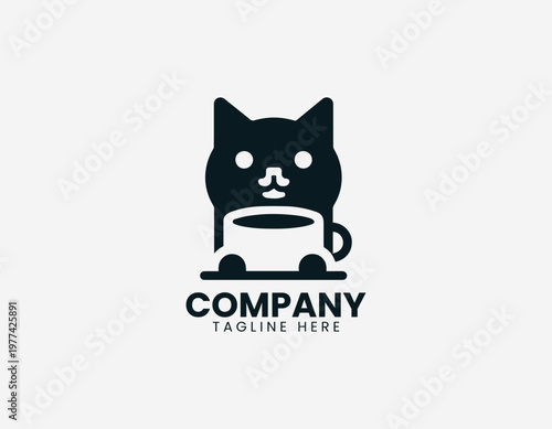 Minimalist cat face with coffee cup in simple black vector logo illustration style on a white background
