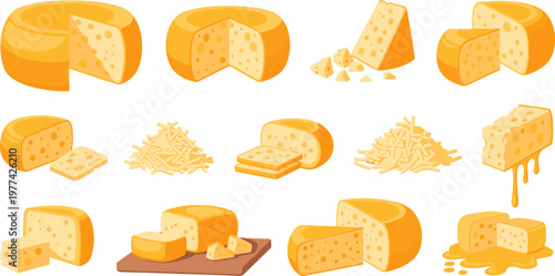 Cheese Collection Set with Various Types Slices Blocks and Wedges Dairy Food Illustration Cartoon Style Isolated on White Background