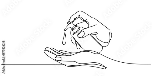 A single continuous line drawing of a person using a hand sanitizer pump bottle for cleanliness Vector, illustration