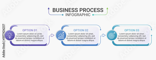Horizontal Business Process Infographic Diagram with 3 Steps, Rounded Rectangle Layout, Sequential Workflow and Strategy Template