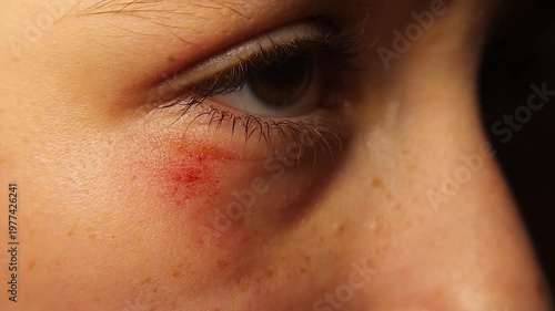 Abrasion (superficial wound) under a child’s eye after a fall during play. Reveals redness, mild swelling, and eyelid twitch on closure indicating pain.  Ideal for pediatric trauma, healthcare, safety