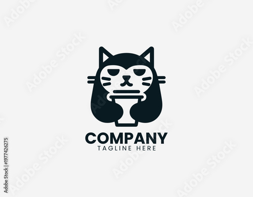 Minimalist cat face with coffee cup in simple black vector logo illustration style on a white background