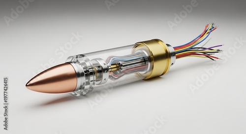 A see-through bullet model with internal components and wires, resting on a white surface