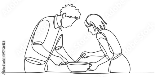 A continuous line drawing depicting a young couple cooking together in a kitchen with a large bowl Vector, illustration