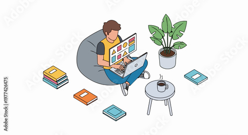 Isometric Vector Illustration of a Graphic Designer Working on a Laptop in a Comfortable Beanbag Chair - Remote Work and UI/UX Design Concept
