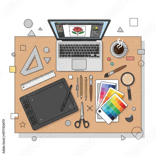 Designer workspace layout with laptop, tablet, color swatches, and tools arranged on wooden desk. Creative concept.