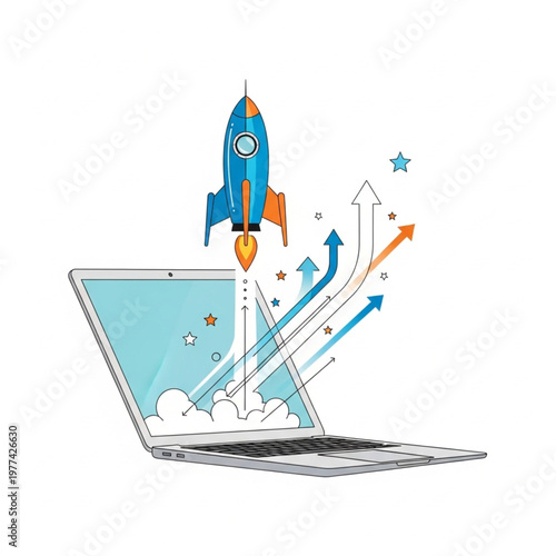 Rocket ship launching from laptop screen symbolizing innovation and growth in technology.