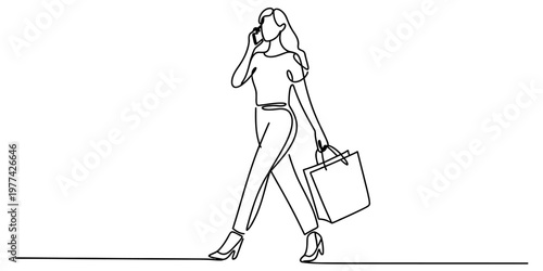 A continuous line drawing of a stylish woman walking while talking on her mobile phone happily Vector, illustration