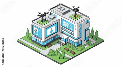 Isometric Futuristic School Building with Drone Delivery and Digital Education Screens Illustration