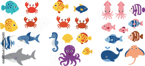 Cute sea animals cartoon collection with fish crab squid octopus whale shark and seahorse vector illustration set of colorful marine creatures