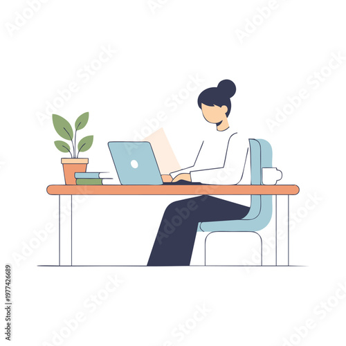 Woman sitting at a desk working on a laptop with a small potted plant and chair visible. Modern workplace concept.
