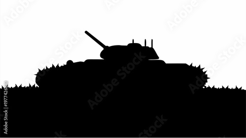 Silhouette of a tank on a battlefield at dusk with grassy terrain and white background conveying war and conflict