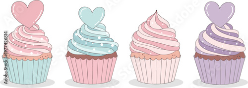 Cute Cupcake Set with Pastel Frosting and Heart Toppers Sweet Dessert Collection Cartoon Style Bakery Illustration Isolated on White Background