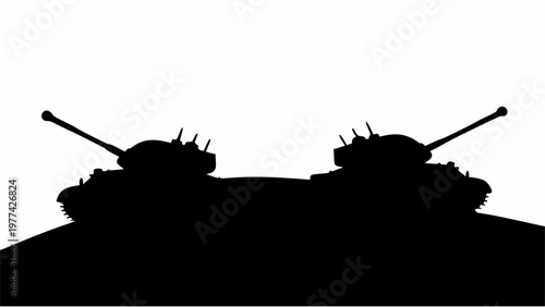 Silhouette of two tanks on a battlefield at dusk with a white background symbolizing war and conflict