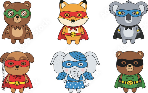 Cute superhero animals cartoon collection vector illustration with bear, fox, koala and elephant, funny hero characters set for kids design and fantasy themes