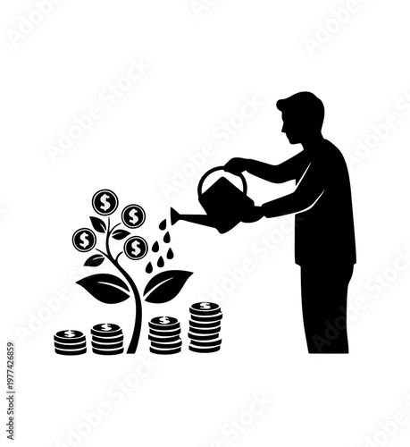 Silhouette of a man watering a money tree with coins as leaves growing from stacks of coins. Financial growth concept.
