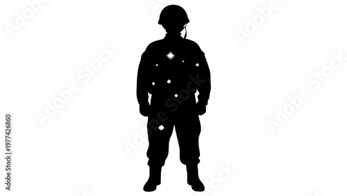 Soldier silhouette filled with glowing light spots standing alone in darkness