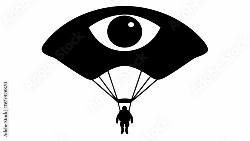 Parachuting soldier silhouette under giant watchful eye parachute