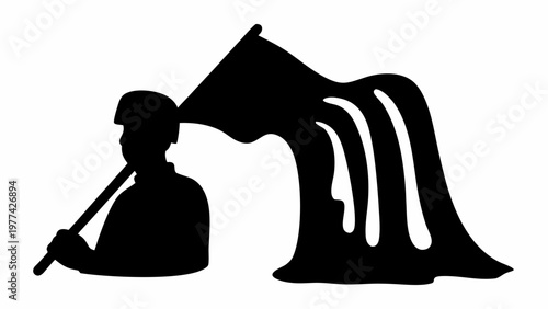 Soldier holding a melting flag in a dramatic silhouette symbolizing change and struggle