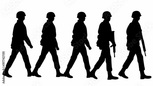 Silhouette of soldiers walking in formation black military figures marching forward in a row on white background