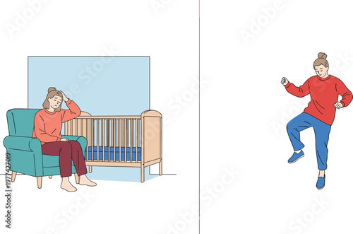 Parenting Stress and Energetic Child Behavior Vector Set with Tired Mother Sitting Near Crib and Active Kid Jumping for Family Lifestyle Illustration