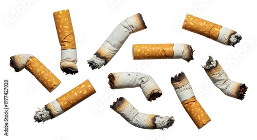Pile of cigarette butts on a white background.