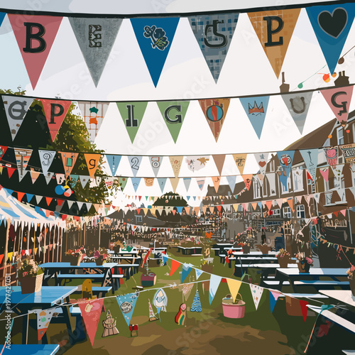 Colorful outdoor party with bunting flags and decorated tables in a garden setting