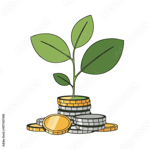 Green plant sprouting from a pile of coins symbolizes growth and financial prosperity through investment and savings.