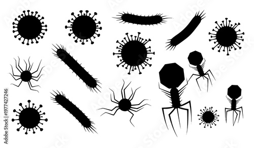 A set of black silhouettes of various bacteria and viruses on a white background