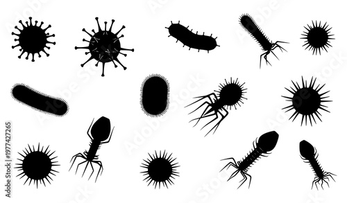 A set of black silhouettes of various microscopic organisms and bacteria